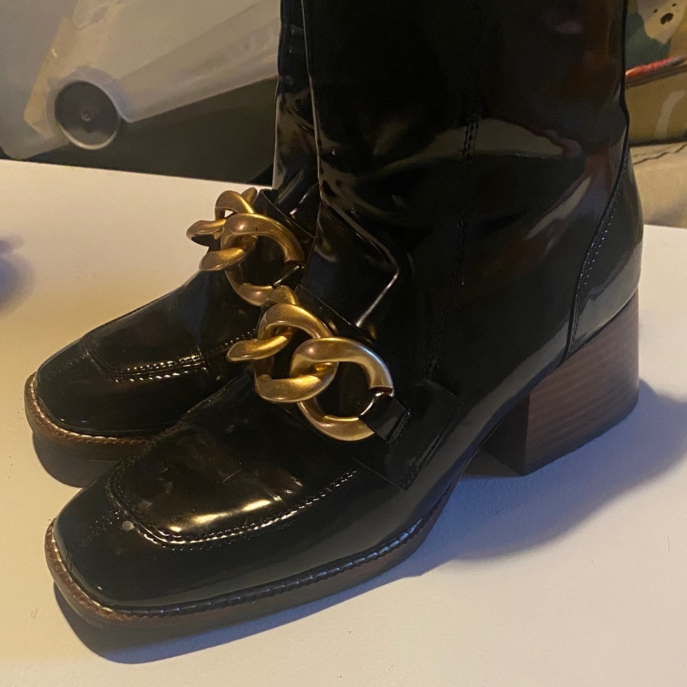 Steve Madden Black Patent Boots with Gold Chain